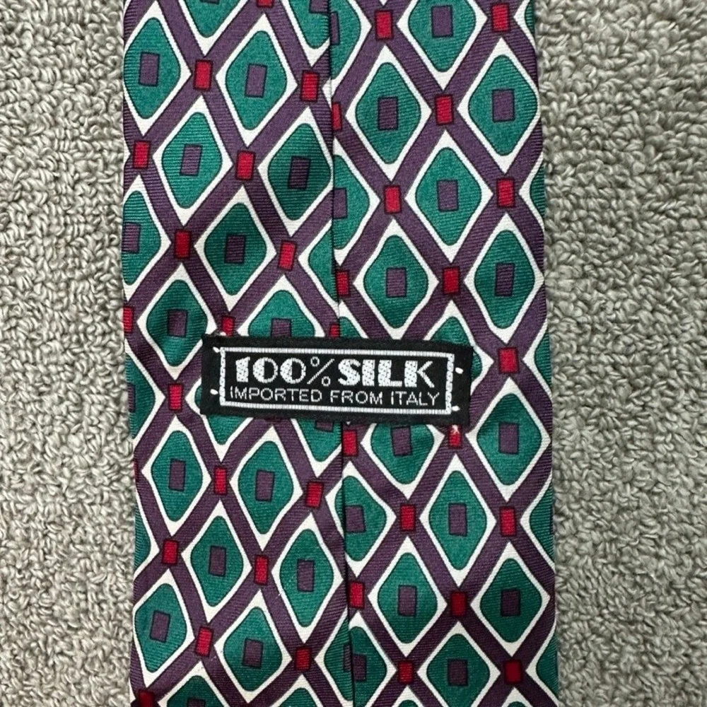 Vintage 100% Silk Geometric Diamond Necktie Teal Purple Burgundy Made in USA